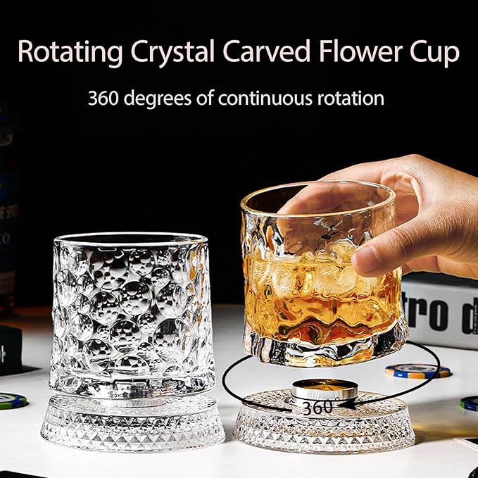 360 Degree Rotating Whiskey Glass Set with Ice Ball Mold, Crystal Clear Bourbon Scotch Glassware for Men, Fun & Novelty Gifts (Pattern 6) - Image 3