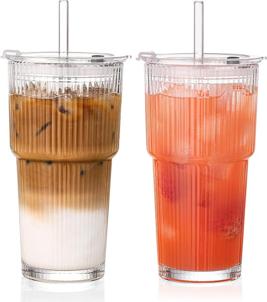 20oz Iced Coffee Cups with Lids, Ribbed Glass Cups with Lids and Straws | Thick Reusable Glass, Leak-Resistant Lids, Fits Most Car Cup Holders, For Iced Coffee, Tea, Smoothies and Cold Drinks by GOSCHE