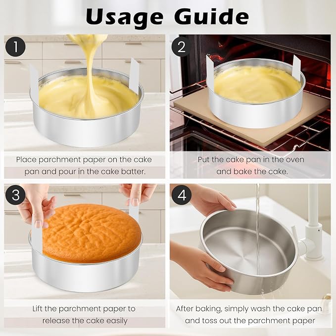 8 Inch Cake Pan - 3PCS Stainless Steel Round Layer Cake Baking Pans with 100 PCS Parchment Paper, Round Bakeware for Party Birthday Wedding, Mirror Finish & Dishwasher Safe - Image 6