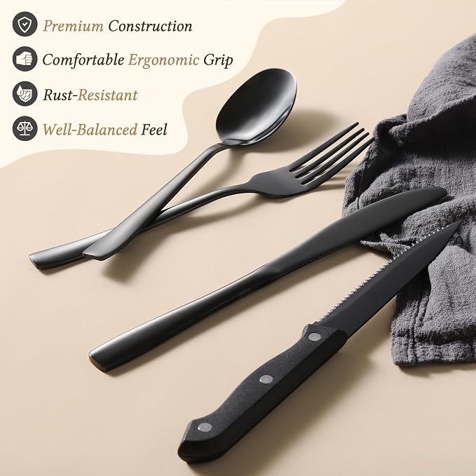 Hiware 48-Piece Black Silverware Set for 8, 18/10 Stainless Steel Flatware Cutlery Set with Forks, Knives, Spoons, Steak Knives, Durable and Elegant Design Utensils Tableware - Dishwasher Safe - Image 3