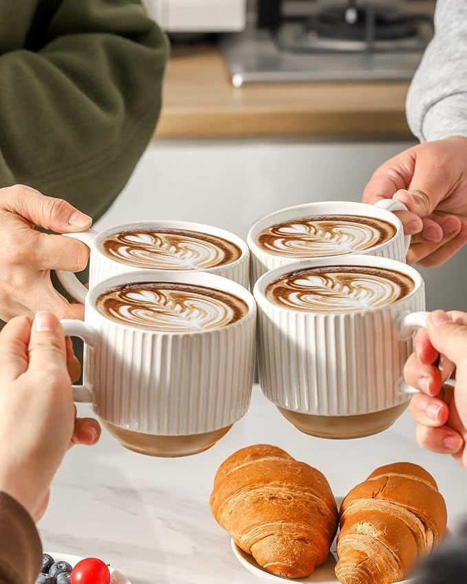 HASENSE 15 oz Ribbed Stackable Ceramic Coffee Mug Set of 4, White & Light Brown Cups with Metal Holder, Dishwasher & Microwave Safe for Cappuccino Tea Hot Cocoa, Wedding Housewarming Gifts - Image 4