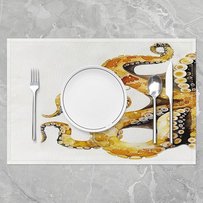 Feelyou Gald Octopus Placemats Set of 4 12"x18" Ocean Kraken Table Mats Placemat Room Decor Tentacles Placemats for Dining Table Indoor Outdoor Kitchen Sealife Sea Animal Decor Table Place Mats White - Image 2