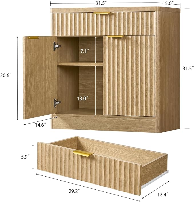 63" Fluted Buffet Sideboard Cabinet with Storage, Buffet Table Coffee Bar Wine Bar Storage Cabinet with Adjustable Shelf for Living Room, Kitchen, Natural - Image 2
