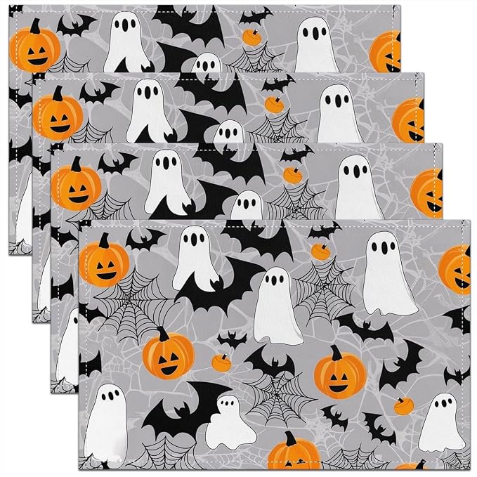 Feelyou Happy Halloween Placemats Set of 4 Cute Ghost Table Mats Gray Black Orange Place Mat for Kitchen Dining Table Party Decor Indoor Outdoor 18"x12" Non-Slip Easy to Clean Pumpkin Lantern Bats by Feelyou