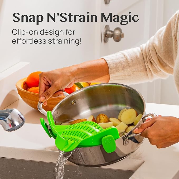 Kitchen Gizmo Snap N' Strain Clip On Strainer for Pots and Pans - Collapsible Silicone Pasta Strainer and Kitchen Gadget for Cooking - Easy to Use, Heat Resistant and Space Saving Colander - Green - Image 2