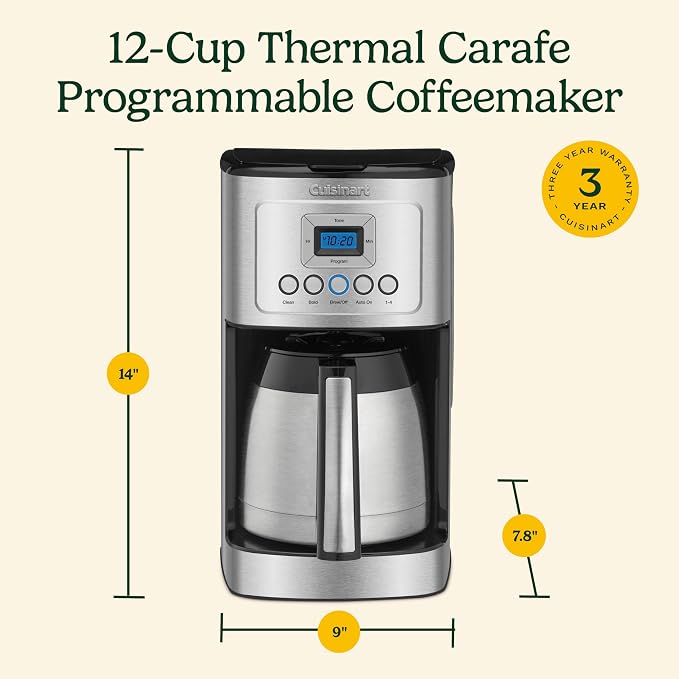 Cuisinart 12-Cup Coffee Maker, Programmable PerfecTemp Thermal Carafe Coffee Machine with 1-4 Cup Setting, Brew Strength Control and Brew Pause, Stainless Steel, DCC-3400NAS, Silver | Everyday coffee machine with 24-hour programmability, 1-4 cup settin... - Image 10