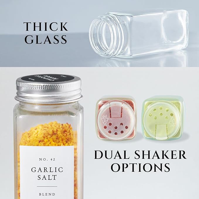 FINESSY Thick Glass Spice Jars With Labels, Airtight Metal Lids 4oz 24 Pack | Empty Spice Jars With Sift / Pour Shaker Inserts, Airtight Lids, Waterproof Labels (200 Pre-Printed, 40 Blank) And Funnel - Image 5