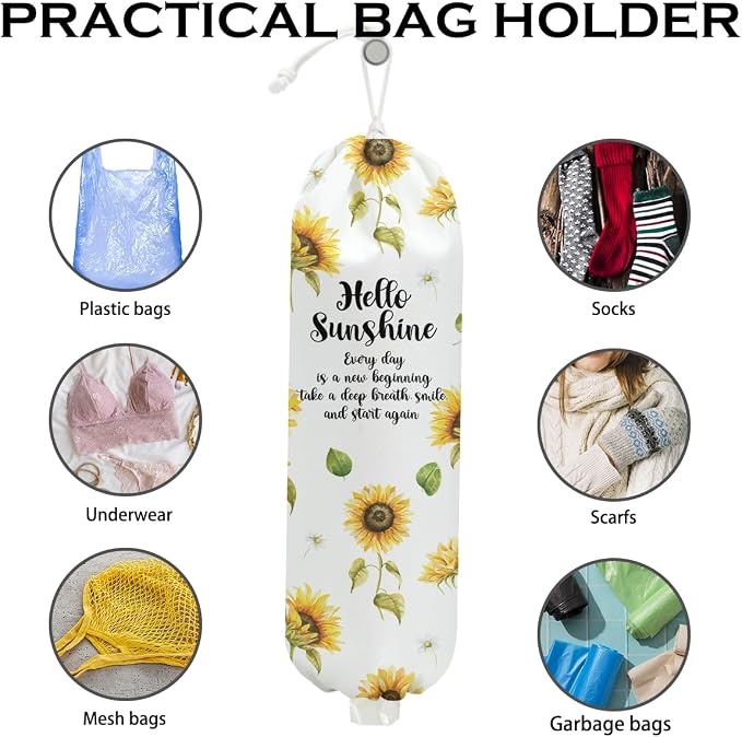 Sunflower Plastic Bag Holder for Kitchen Essentials, Hello Sunshine | Wall Mount Grocery Bag Holder for Plastic Bags, Sunflower Reusable Grocery Bags Storage Dispenser for Home Kitchen Pantry - Image 3