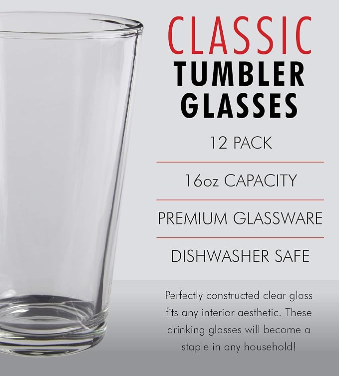 Kitchen Lux Pint Beer Glasses Set of 12 (16oz) Tall Clear Drinking Glasses | All Purpose Tumbler – Heavy Base for Ale, Cocktail, Water, Juice – Pub Style Design For Home Dining, Bars, and Parties - Image 3