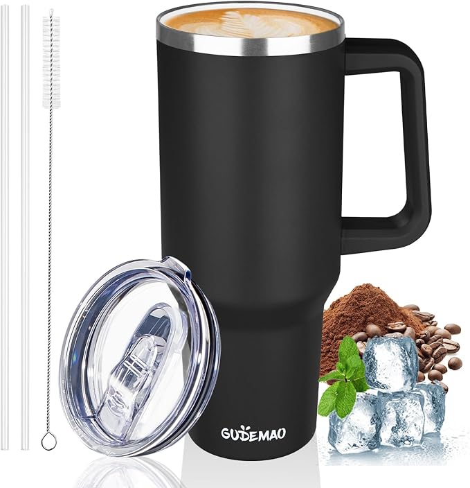 40 oz Insulated Coffee Mug with Ceramic Coating, Stainless Steel Travel Coffee Tumbler with Handle Lid and Straw, Double Wall Leak-Proof Coffee Travel Mug Keeps Drink Hot and Cold (Black) by GUDEMAO