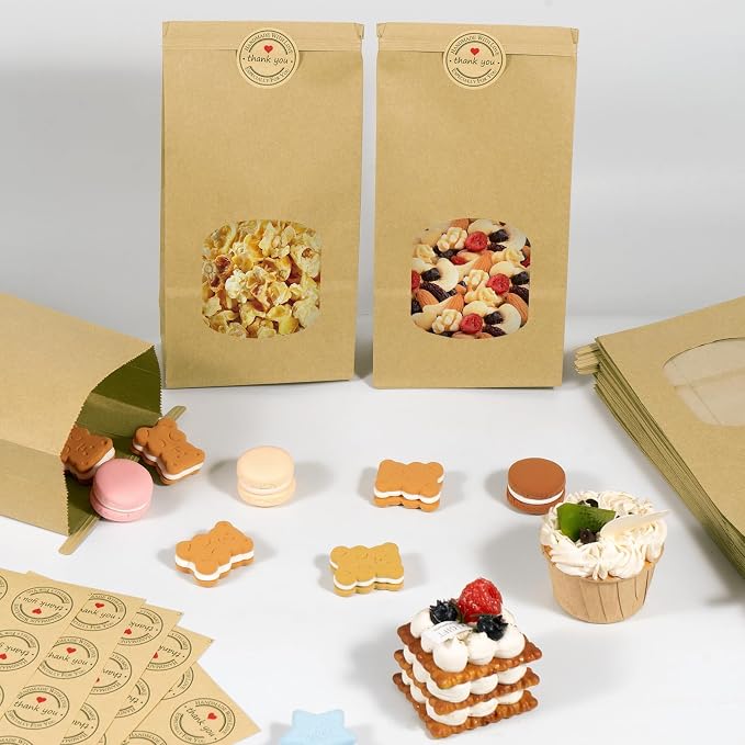 30-Piece Kraft Paper Bags with Window - 4.5 x 2.56 x 9.6 Inch, Tin Tie Tab Lock Bags for Food Storage - Image 4