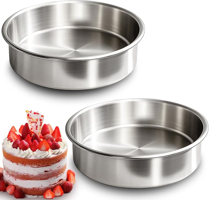 8 Inch Cake Pan Set of 2, Food-Grade Stainless Steel Round Baking Pans | No Coating Cake Pan for Layer Cakes, Heavy Duty, One-Piece Design Warp-Resistant, Non-Toxic, Dishwasher Safe by Unknown