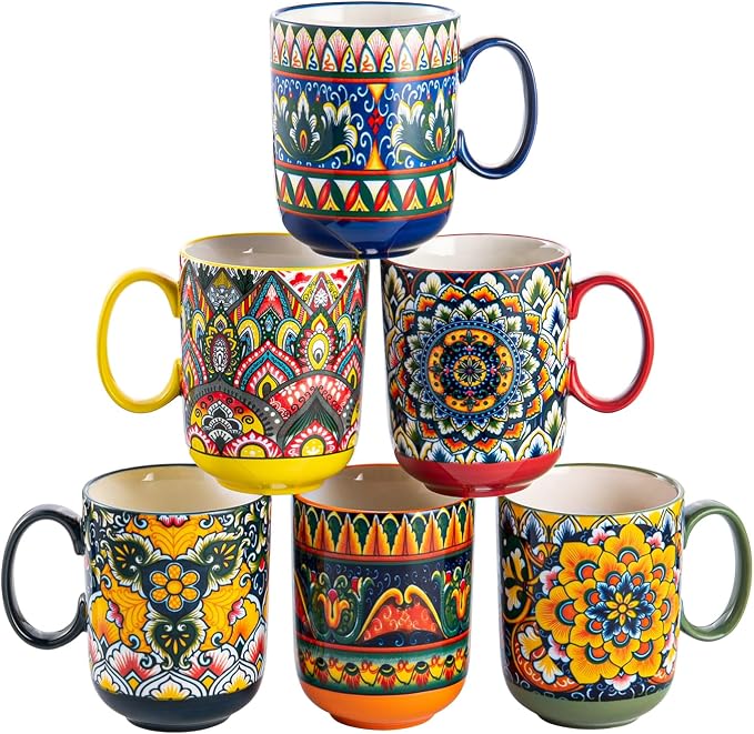 Henten Home Ceamic Coffee Mug Set of 6, 14 oz Colorful Latte Cup with Handle, Boho Floral Mug for Hot Cocoa, Milk, Tea, Chocolate, Microwave & Dishwasher Safe by HentenHome