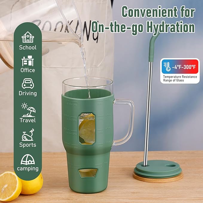 Glass Cups with Handle and Bamboo Lids - 40 oz Tumbler with Stainless Steel Straw | Glass Water Bottle w/Silicone Sleeve for Coffee, Smoothi, Hot/Cold Drinks for Travel/Office/Home (Olive-Green)