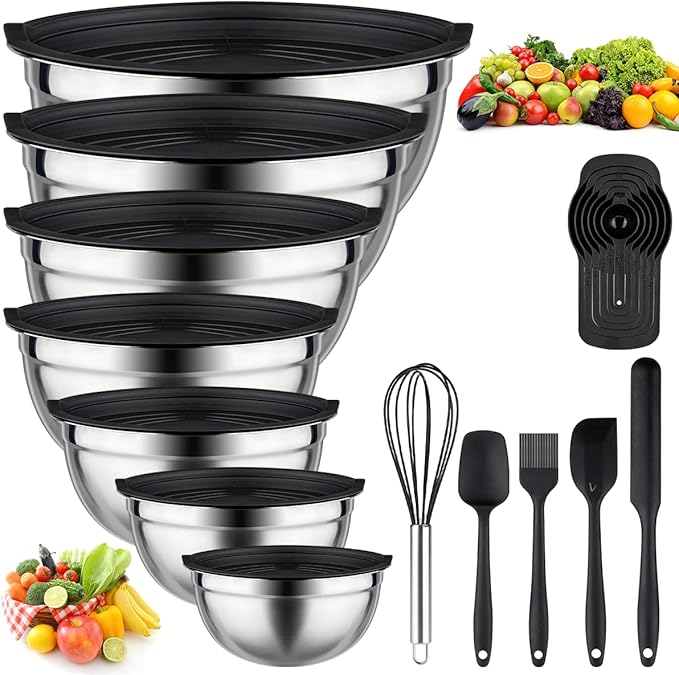 Leidawn Mixing Bowls with Lids set - 25 PCS Stainless Steel Nesting Black Mixing Bowls Set for Baking, Mixing, Serving & Prepping, Size 5, 3.7, 2.8, 2.3, 1.7, 1.1, 0.7QT, 11 Cooking by Leidawn