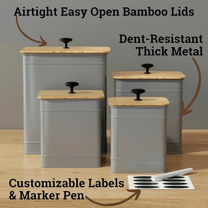Kitchen Canisters for Countertop Set of 4 w/ Chalkboard Labels & Marker Pen | Airtight Easy Open Bamboo Lids, Dent-Resistant Thick Metal, Customizable Chalkboard Labels, Marker Pen Included, Set of 4 - Image 2