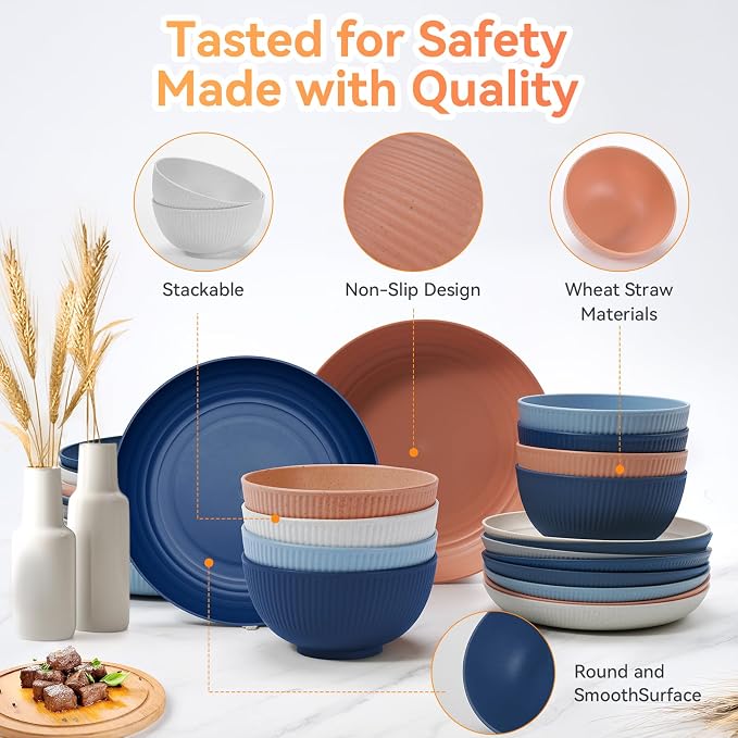 Wheat Straw Dinnerware Sets,64-Piece Plates and Bowls Sets for 8-Unbreakable,Reusable Plastic Dish Set-Dinner Plate/Dessert Plate/Cereal Bowl/Cup/Utensils-Dishwasher Safe 64P-Oecan Coral - Image 6