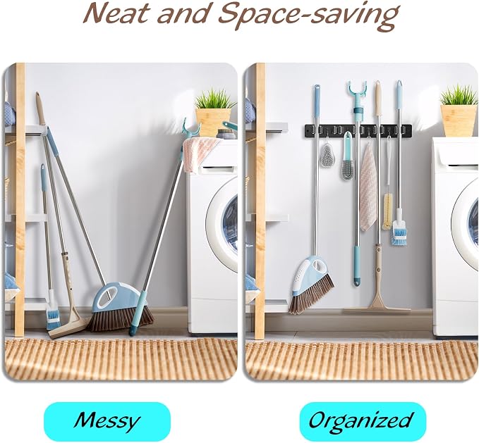 OUTNILI Mop and Broom Holder Wall Mount - Black Broom Mop Hanger - Wall Mounted Garden Tool Rack Organizer for Closet Garage Laundry Room Kitchen Decor With 5 Slots & 4 Hooks - Image 3