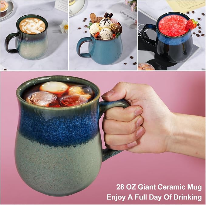 28 Oz Extra Large Ceramic Coffee Mug with Big Handle(Ink Green) | Handmade Glazed Oversized Tea Cup for Office and Home, Microwave and Dishwasher Safe, Mug for Hot and Cold Drinking - Image 5