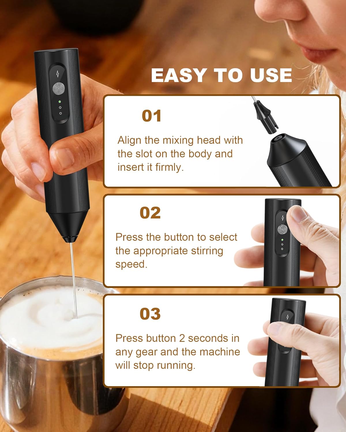 Rechargeable 3-Speed Milk Frother Wand (Black)