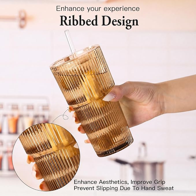 4PCS Brown Drinking Glasses, Ribbed Glass Cups with Lids and Straws, 20oz Vintage Drinking Glasses, Aesthetic Iced Coffee Cups, Glass Tumbler for Boba, Beer, Tea, Cocktails, Yellow Glassware (Brown-4) - Image 3
