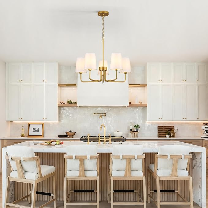 Modern Farmhouse Chandelier, 5-Light Gold Chandelier White Fabric Shade, Height Adjustable Industrial Pendant Light for Kitchen Over Table, 25‘’Dining Room Light Fixture for Living Room - Image 2