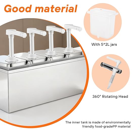 2.11 Quart Stainless Steel Sauce Pump Dispenser,Condiment Pump Station Detachable Leak-Proof Design for Sauce Honey Syrup Dressing,Commercial & Home Kitchen Use (4 Heads, 2L)