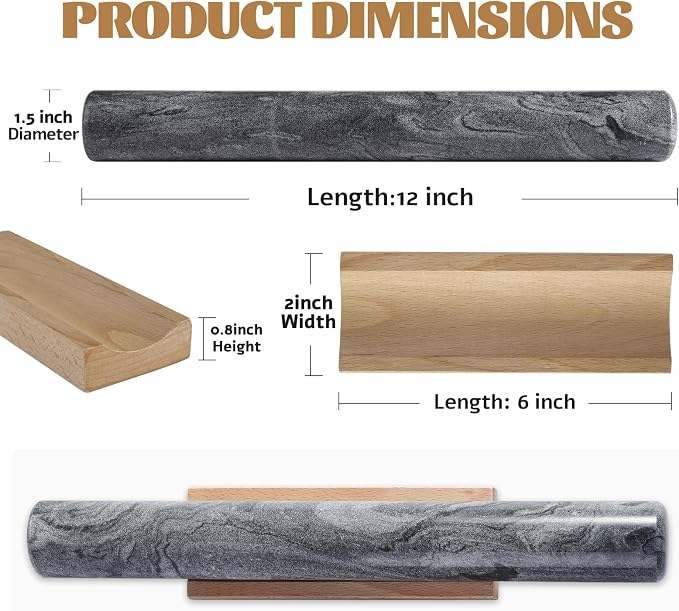 African Natural Marble French Rolling Pin, 12inch Non-Stick Rolling Pin for Baking, Dough Roller for Pasta, Dumpling, Fondant, Pie, Bread, Pizza, Kitchen Baking Tools(Monte Grigio) - Image 2