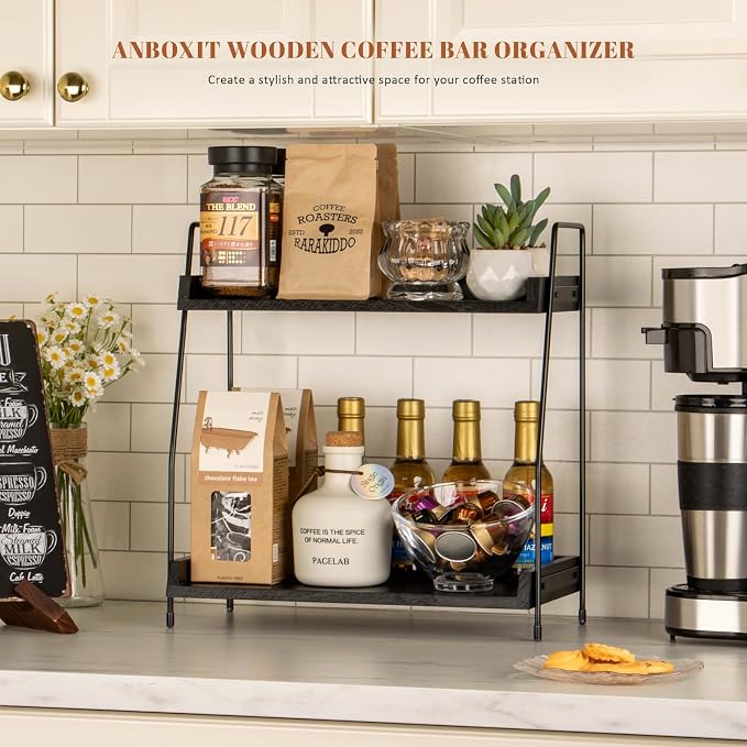 ANBOXIT 2-Tier Coffee Station Organizer, Wooden Kitchen Counter Shelf | for Coffee Bar Accessories, Condiment Storage Caddy for Kitchen, Home, Office - Black - Image 2