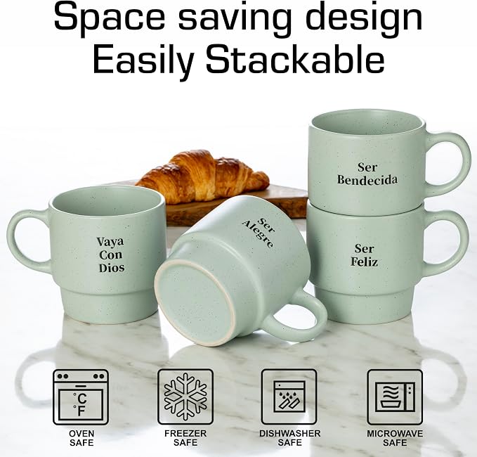 Signature Housewares Stackable Coffee Mug Tower Set with Metal Wire Rack - 15 Ounce Coffee Mugs for Coffee, Tea, Cocoa, Milk, Cappuccino, Hot Chocolate Set of 4 - Spanish Bendecida Blessed - Image 4