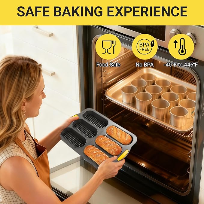6-Cavity Silicone Baguette Bread Pan, Non-stick French Bread & Hot Dog Bun Mold, Foldable Loaf Pan Baking Tool for Hoagie Homemade Rolls, Dishwasher Safe,Easy Release, Local Stock- 2 Pack Gray