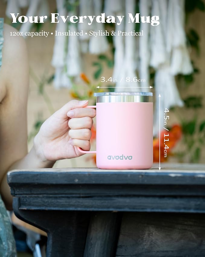 12oz Insulated Coffee Mug with Lid – Includes Two Lids, Stainless Steel Coffee Travel Mug with Handle, Double Wall Vacuum Insulated Camping Mug for Home, Office & Outdoor, Light Pink - Image 4