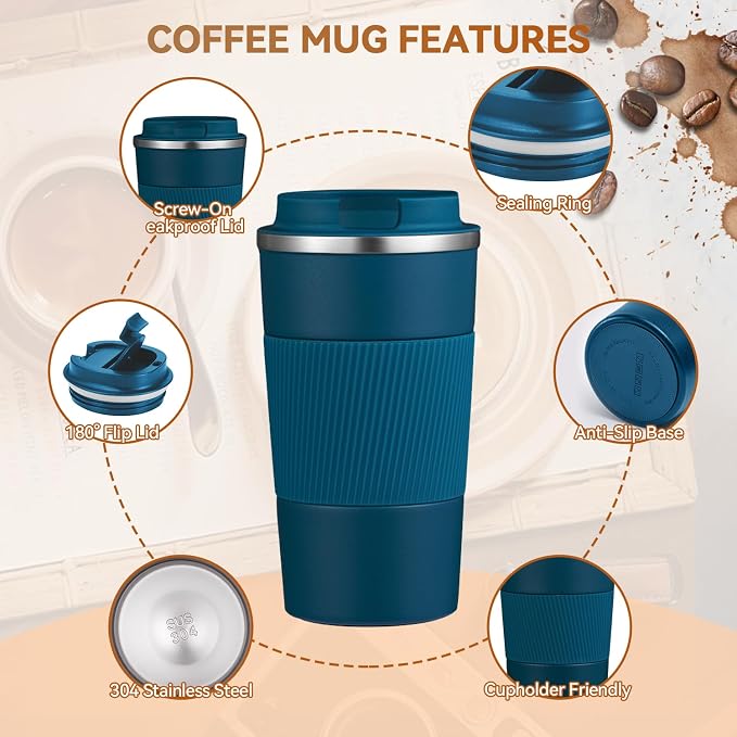 17OZ Travel Coffee Mug Insulated Coffee Cup with Spill Leak Proof Lid, Portable Stainless Steel Tumbler Reusable Hot and Cold Water Mug for Car, Daily, Camping- Blue - Image 5