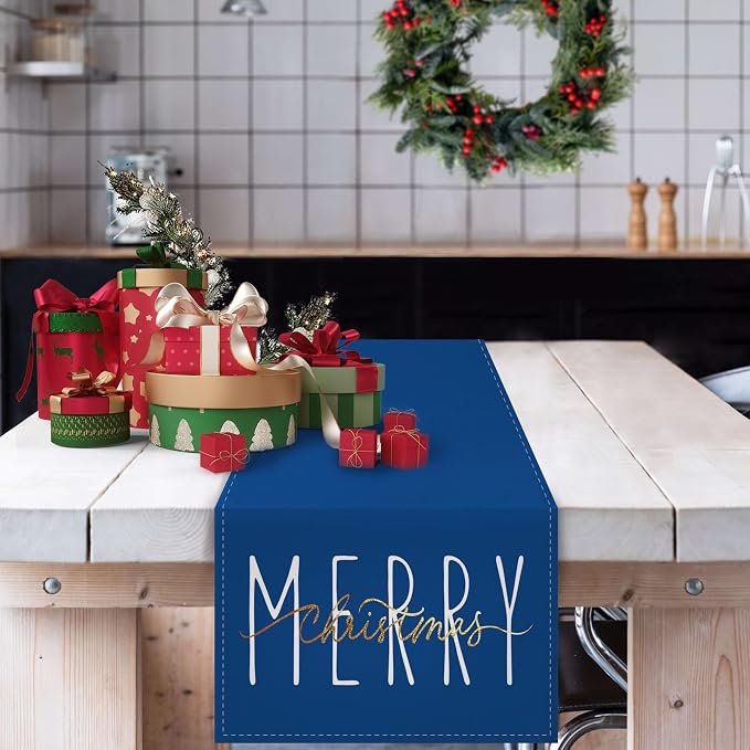 ONWAY Merry Christmas Gold Table Runner Winter Xmas Holiday Kitchen Dining Farmhouse Table Decor for Indoor Outdoor Home Party Decorations 13x72 Inch Blue - Image 2