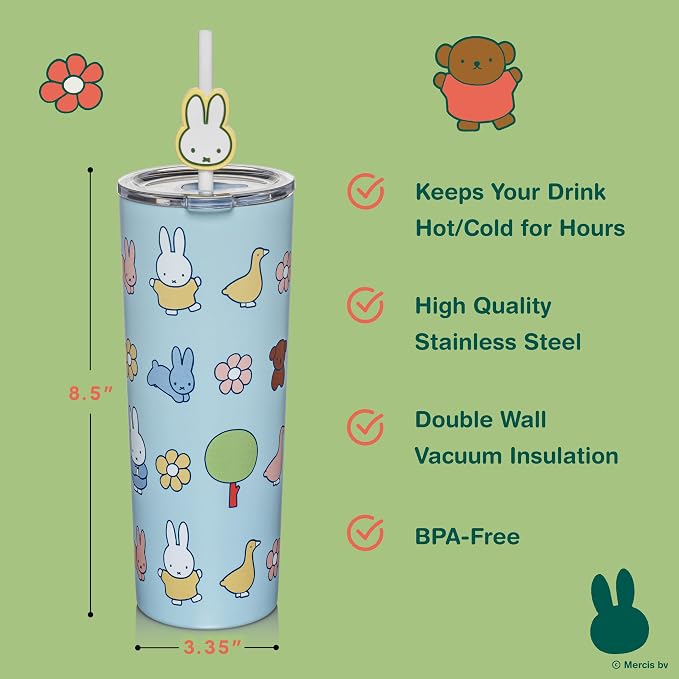 Dragon Glassware | Miffy Stainless Steel Tumbler with Straw, 24 oz - Blue | Vacuum Insulated Stainless Steel Tumbler with Straw & Lid; Double Walled Tumbler with Straw Charm; Miffy Cup with Lid - Image 3