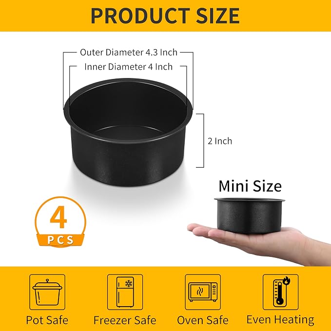 P&P CHEF 4 Inch Cake Pan Set, Non-stick Baking Pans for Cake, 4Pcs | Round Cake Baking Tins for Tier Smash Cakes, Bread, Non-Toxic & Solid, Stainless Steel Core & Leak-Proof, Black - Image 2