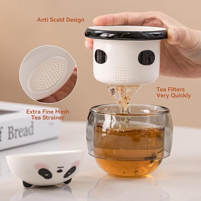 Tea Cup with Infuser and Lid 10oz - Panda Double-Wall Glass Mug with Ceramic Components, Cute Animal Design Loose Leaf Tea Gift for Birthday & Anniversary