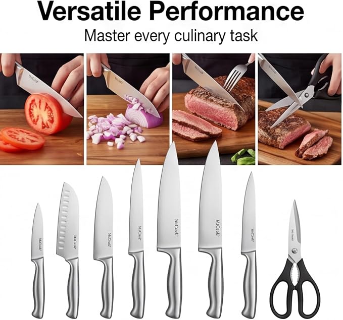 McCook Knife Set Kitchen Steel Knife Block Set w Built-in Sharpener | German Forged Stainless Steel,15 PC,Razor Sharp,Non-Stick&Anti-Rust,Ergonomic Handle,Full Tang,Gift Box - Image 6