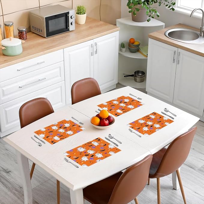 Feelyou Happy Halloween Placemats Set of 4 Cute Ghost Pumpkin Table Mats for Party Kitchen Dining Decoration Holiday Seasonal Orange White Purple Place Mat for Dinner Table Indoor Outdoor 18"x12" Bats - Image 3