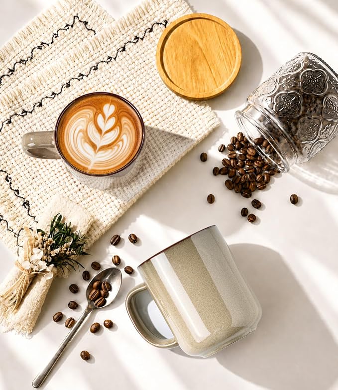 GBhome Large Coffee Mugs Set of 6, 16oz Handmade Coffee Mugs Set with Large Handle for Cappuccino/Latte/Tea/Hot Cocoa, Dishwasher & Microwave Safe-Oatmeal - Image 3