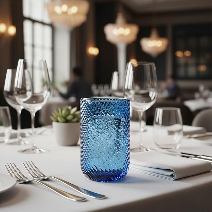 Set of 8 Ribbed Glassware,4 Highball Glasses 14oz & 4 Rocks Drinking Glasses 9oz, Origami Style, Fluted Design, for Milk, Water, Cocktail, Juice, Beer, ToothBrush Cup, Gif (Leaning Blue) - Image 5