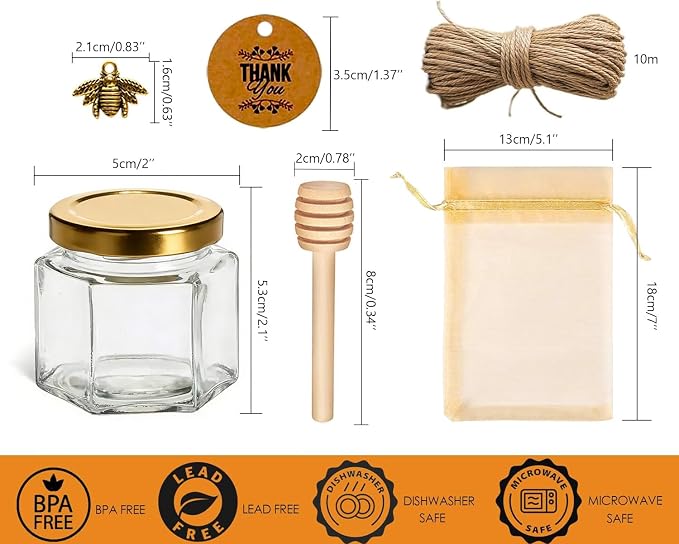 Adabocute Honey Pot, Mini Glass Honey Jars with Wood Dipper, Gold Lid, Bee Charms, Gold Organza Bags, Thank-you Tags, Ideal for Baby Showers Wedding Favors Party Favors, 2oz 30 Pack - Image 2
