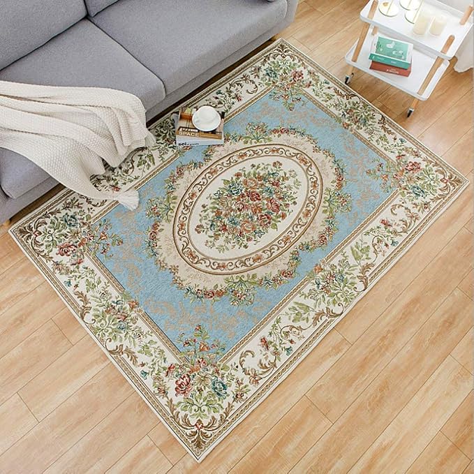 Rustic Floral Cotton Area Rugs Rural Rose Design Living Room Carpet Non-Slip Soft Floor Mat for Bedroom, 5' x 7' Country Blue - Image 2