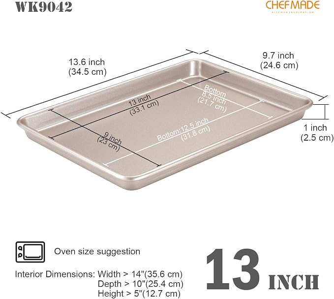 CHEFMADE 13-Inch Rimmed Baking Pan, Non-Stick Carbon Steel Cookie Sheet Pan for Oven Roasting Meat Bread Jelly Roll Battenberg Pizzas Pastries 9.7" x 13.6" x 1" (Champagne Gold) - Image 2