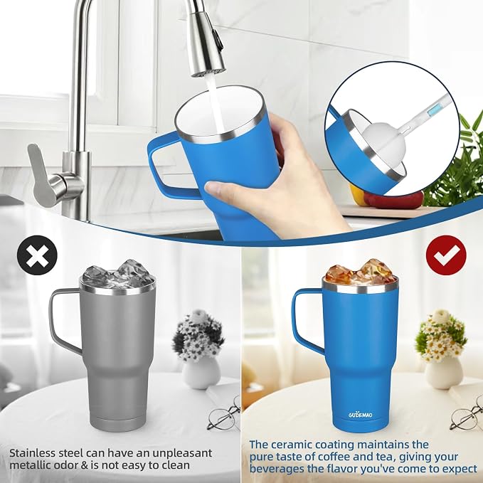 20 oz Insulated Coffee Mug with Ceramic Coating, Stainless Steel Travel Mug Tumbler with Handle Lid and Straw, Double Wall Leak-Proof Coffee Travel Mug Keeps Drink Hot and Cold (Blue) - Image 5