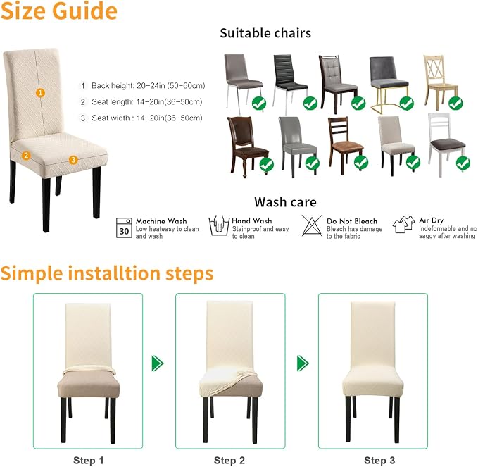 Fuloon Dining Chair Slipcover, Stretch Parson Chair Protector for Home | Waterproof Rhombic Jacquard-beige, Set of 2, Super Fit, Removable, Suits for Hotel, Dining Room, Ceremony, Banquet Party - Image 6
