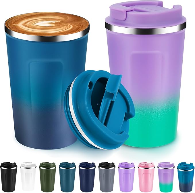 Volhoply 12 oz Double Wall Insulated Vacuum Travel Coffee Mugs with Flip Lid Bulk 2 Pack,Reusable Stainless Steel Leak Proof Coffee Cup,Portable Cafe Thermal Tumbler for Hot & Cold Drinks(Mix,2 Set) by LiveFully%EF%BC%8CDrinkFreely%E2%80%94KeepGoingwithVolhoply%EF%BC%81