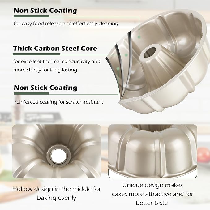 TeamFar 10 Inch Nonstick Cake Pan, 10 Cups Fluted Tube Cake Pan for Baking | Heavy Duty Carbon Steel Round Baking Tray for Making Jello/Monkey Bread/Chocoflan, Non Toxic, Easy Clean - Champagne Gold - Image 3