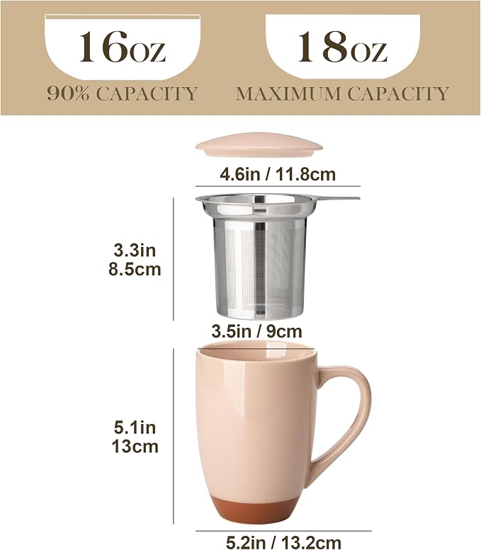 MALACASA Ceramic Tea Mug with Lid and Stainless Steel Infuser, 18 oz Large Tea Cup for Loose Leaf Tea, Heat-Resistant, Microwave & Dishwasher Safe, Speckled Glaze Coffee & Tea Brewer Mug, Khaki Pink - Image 2
