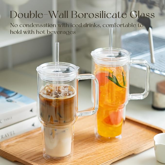 KEMORELA 2 Pack 28oz Double Wall Glass Tumblers with Handle, Lids & Straws – Large Insulated Clear Borosilicate Glass Cups for Iced Coffee, Smoothies, Bubble Tea & Cold Beverages